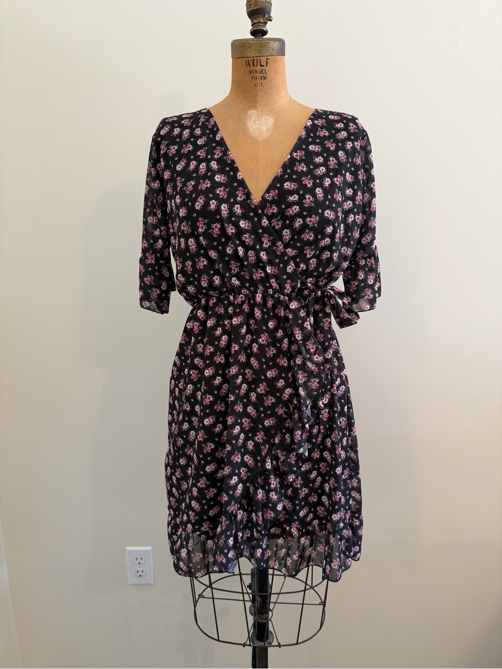 Black Floral Wrap Mini Dress with Pink Blossoms